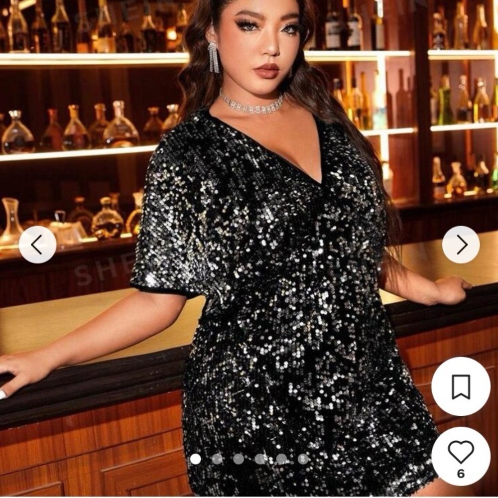 NWOT SHEIN Black Sequin V-Neck Short Sleeve Party Dress